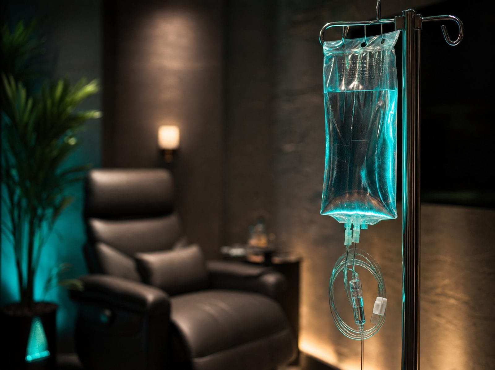 IV drip bag hanging in a wellness lounge